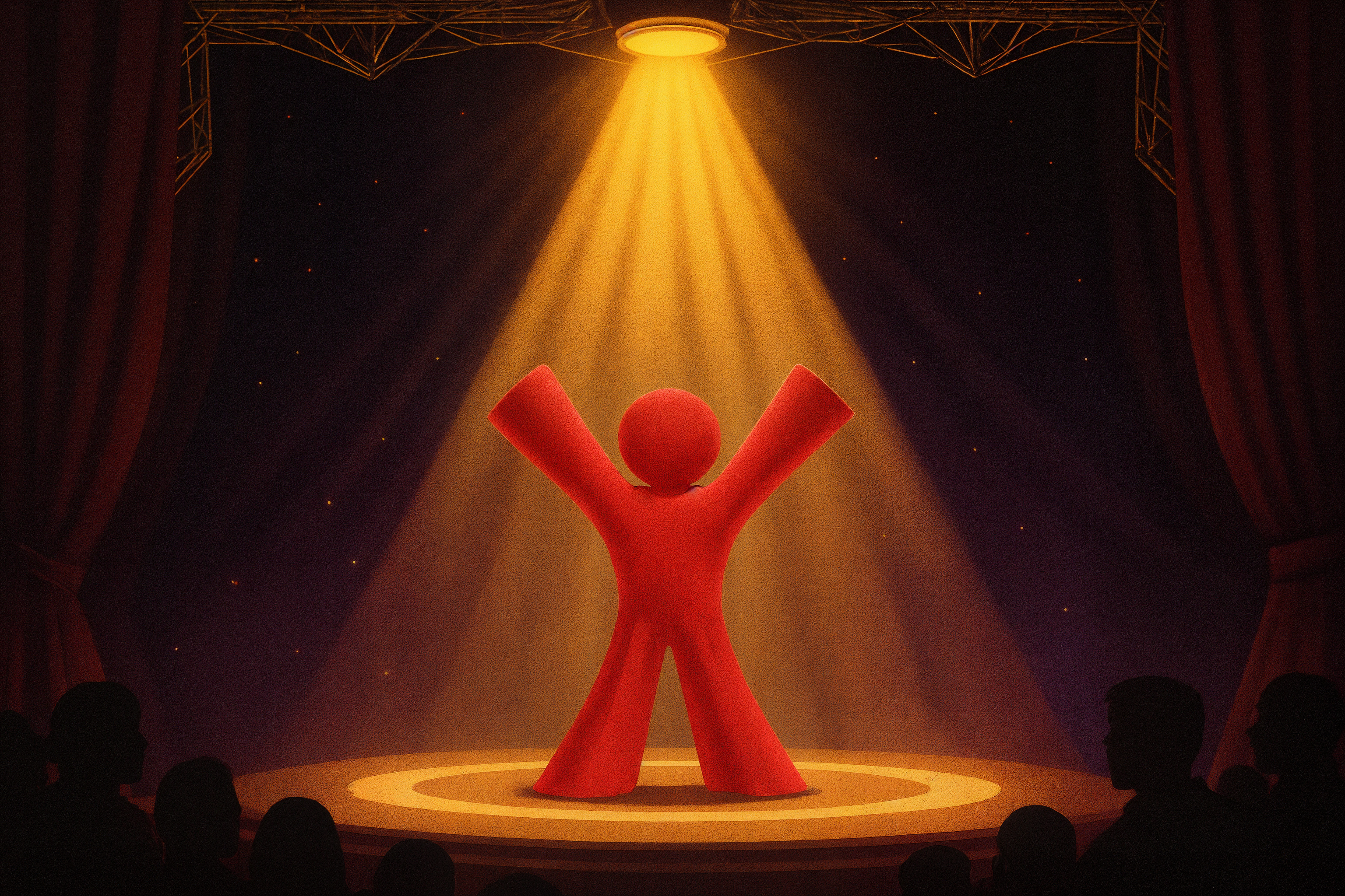 Red abstract human-like figure standing center stage with arms raised under a golden spotlight, surrounded by an audience and framed by red curtains and a dark theatrical background