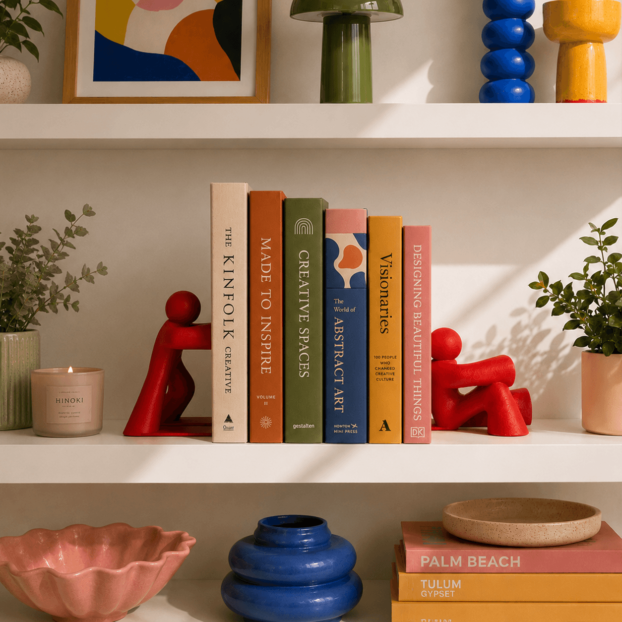 Abstract human bookends by Circ. Styled in a warm contemporary interior with playful décor, soft natural sunlight, plants, and sculptural objects.