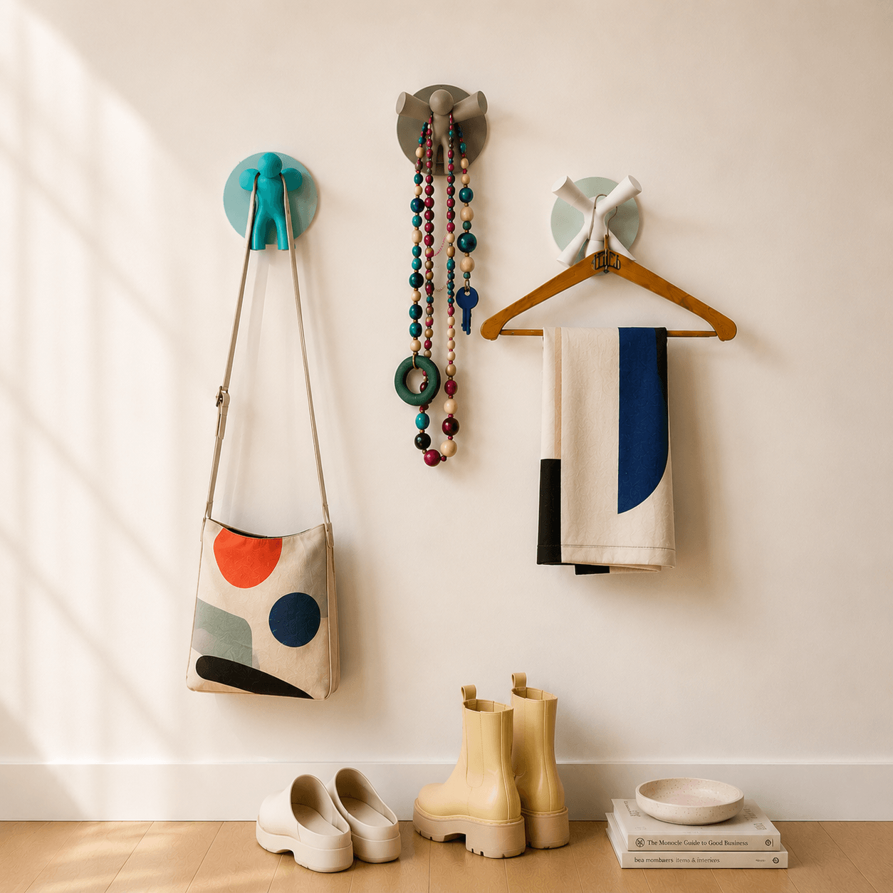 a set of three circ colorful wall hangers carrying various items