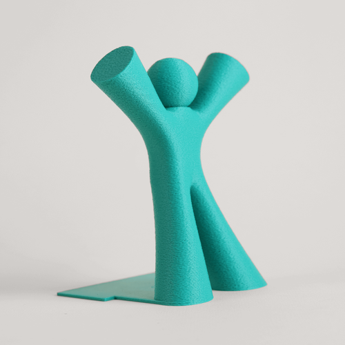 Teal abstract character bookend on a light gray background