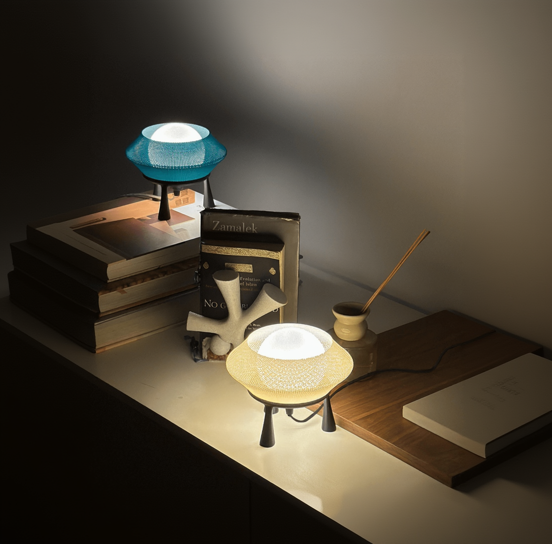 Two small table lamps on a desk with books and stationery items.